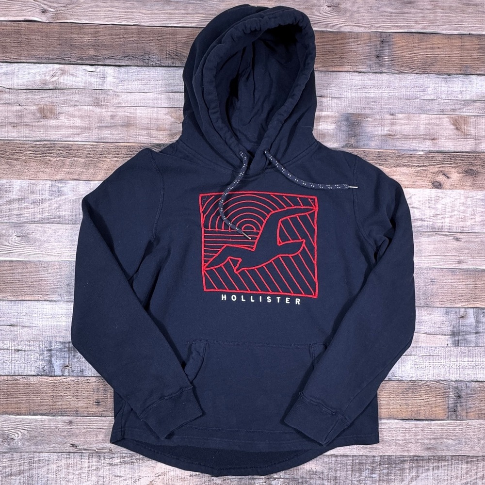 Hollister Mens Small Navy Blue Embroidered Seagull Logo Graphic Pullover Hoodie